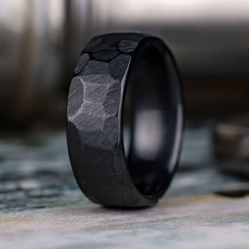 (In-Stock) The Apollo Noir | Men's Hammered Black Titanium Wedding Band - Size 9.5 | 8mm Wide