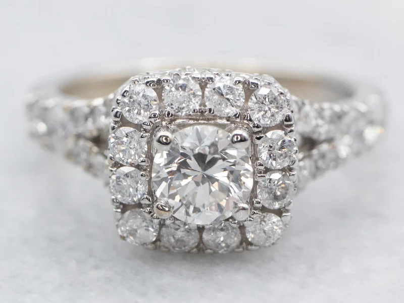 unique engagement rings for women -White Gold Diamond Split Shank Engagement Ring with Diamond Halo and Diamond Shoulders