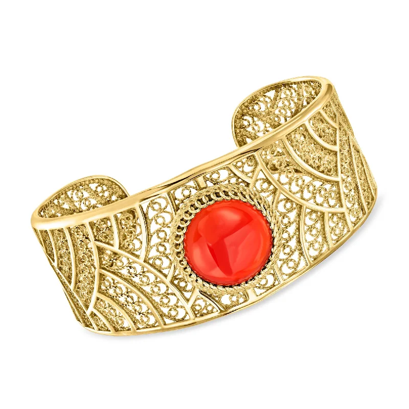 Ross-Simons Carnelian Etruscan-Style Filigree Cuff Bracelet in 18kt Gold Over Sterling