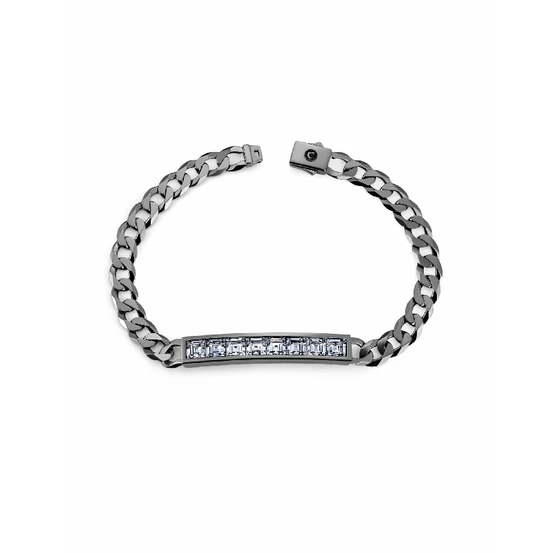 CRISLU Mens Matte Channel set ID Bracelet with Brilliant Cut CZ In Black Rhodium