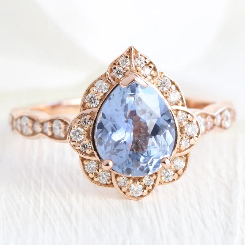 2.38 Ct Large Aqua Blue Sapphire Ring in 14k Rose Gold Vintage Floral Diamond, Size 6.5