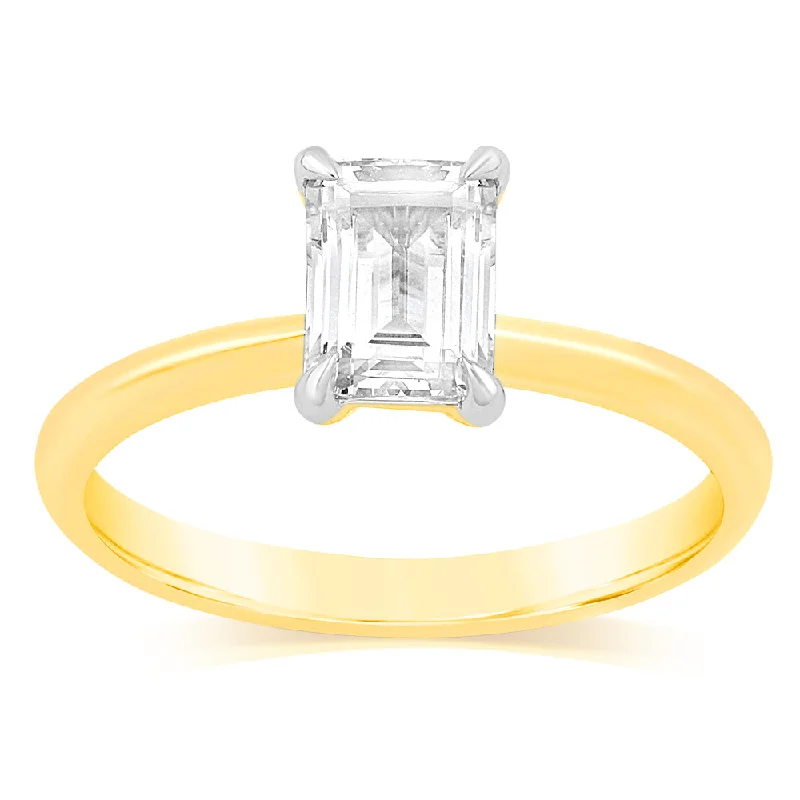 rose gold engagement rings -Luminesce Lab Grown Certified 1 Carat Diamond Emerald Cut Engagement Ring in 18ct Yellow Gold