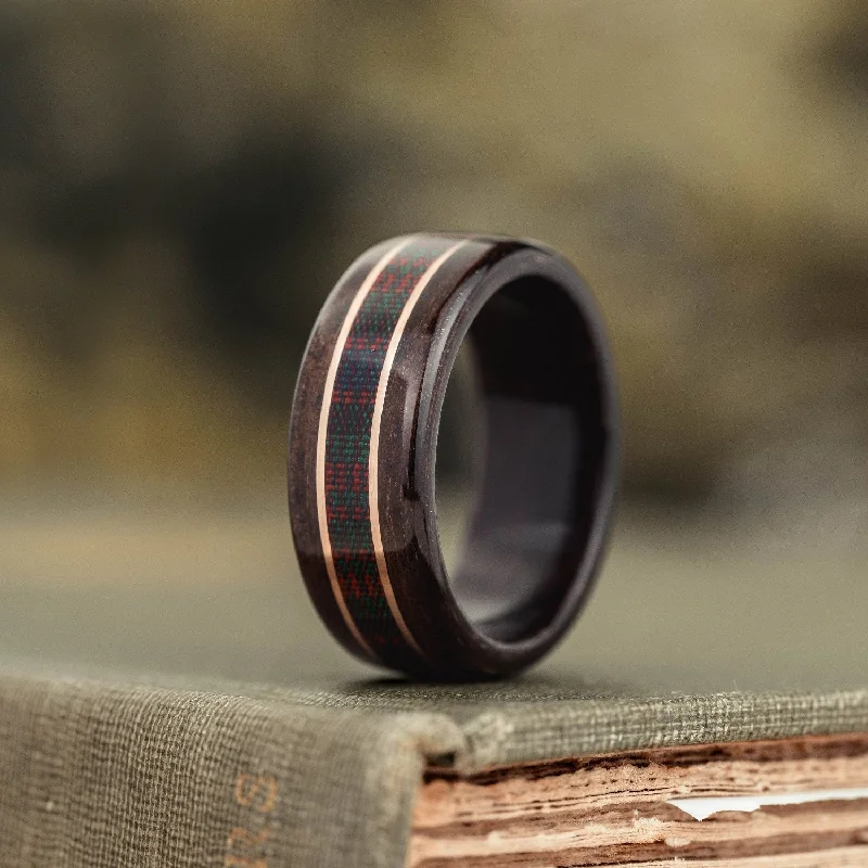 (In-Stock) The MacDonald Tartan | Men's Rosewood Wedding Band with Tartan & Dual 14k Rose Gold Inlays - Size 10.5 | 9mm Wide