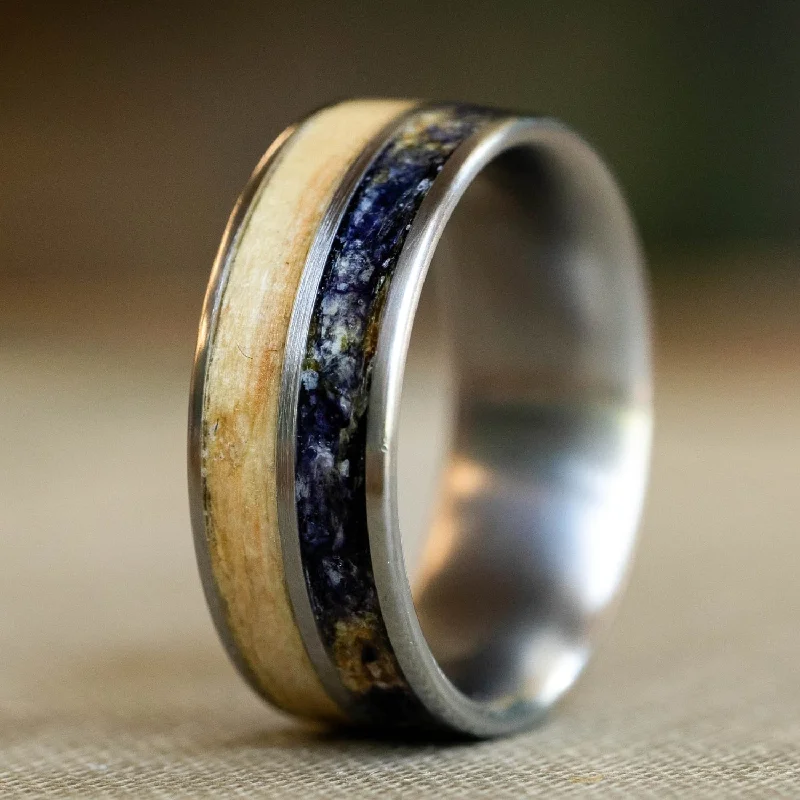 (In-Stock) Custom Titanium Wedding Band - Ash Wood & Violet Flowers - Size 8.25 | 8mm Wide