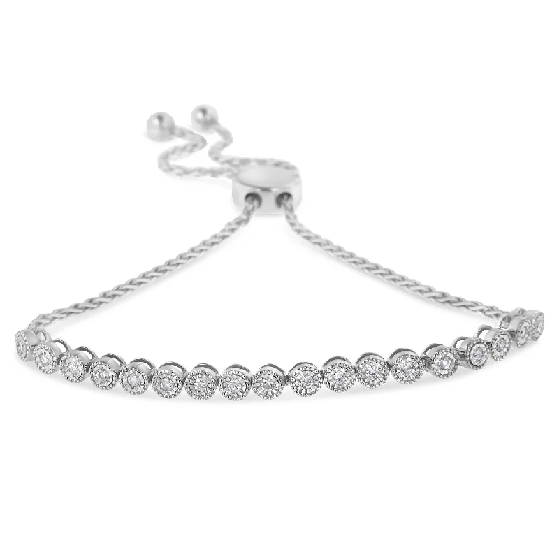 .925 Sterling Silver Miracle-Set Diamond Accented 6”-9” Adjustable Beaded Tennis Bolo Bracelet