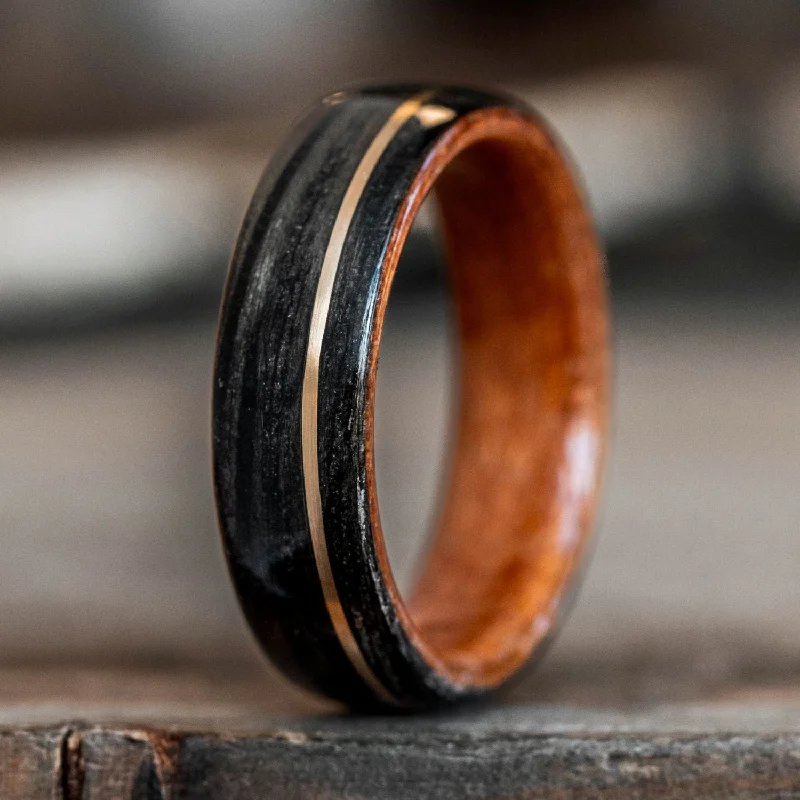 (In-Stock) The Old Fashioned | Men's Whiskey Barrel Wood Wedding Band with Black Cherry Liner & Offset 14k Yellow Inlay- Size 6 | 6mm Wide