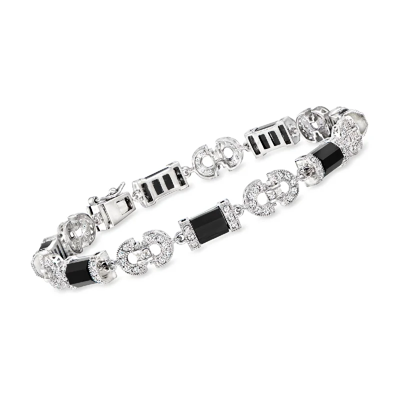 Ross-Simons Black Agate and White Topaz Bracelet in Sterling Silver. 7 inches