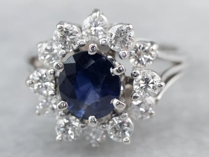 custom-made engagement rings for women -Sapphire Diamond Halo White Gold Engagement Ring