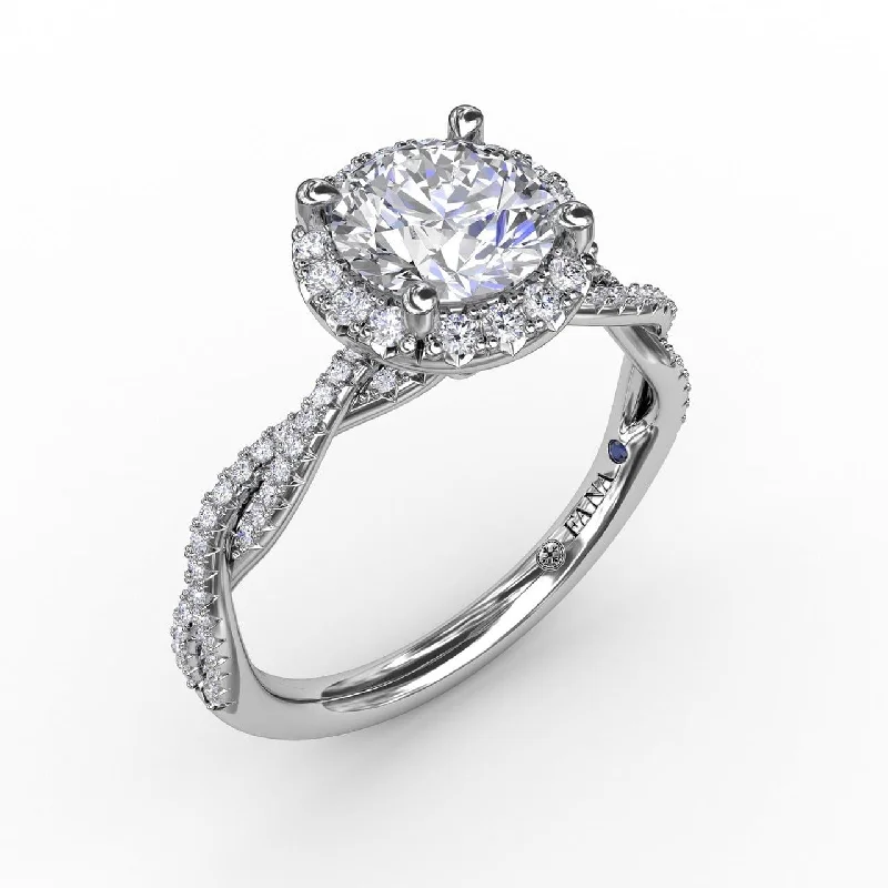 handcrafted engagement rings -Classic Round Diamond Halo Engagement Ring With Twist Diamond Band