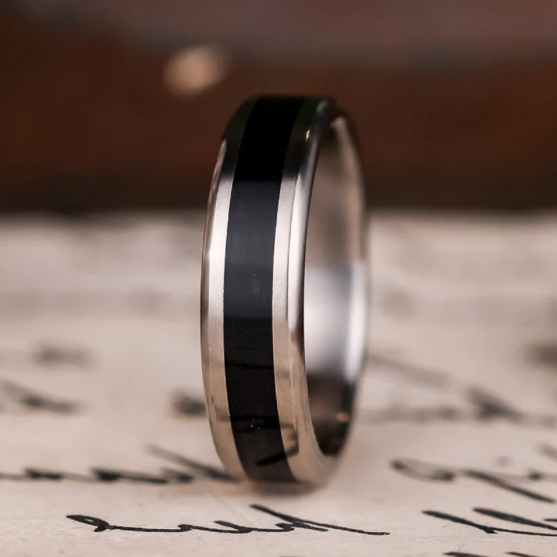 (In-Stock) The Speakeasy | Men's Black Whiskey Barrel Wood & Titanium Wedding Band - Size 8.5 | 6mm Wide