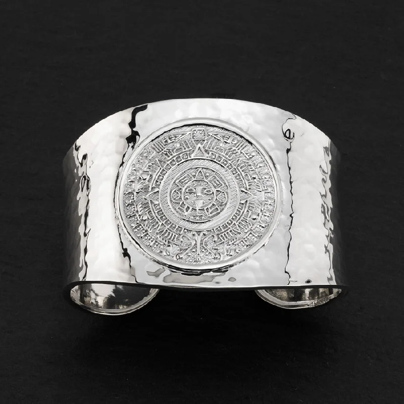 Large Hammered Silver Aztec Calendar Cuff Bracelet