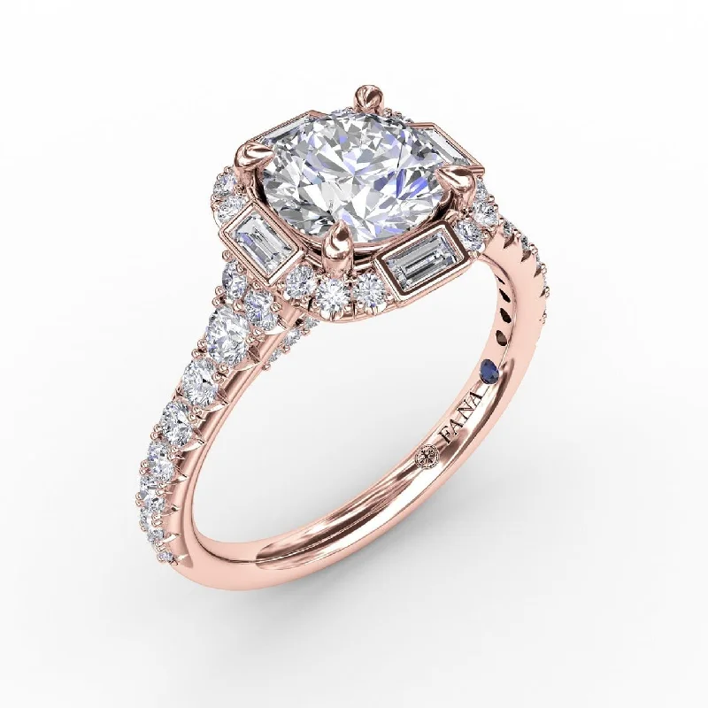 mixed metal engagement rings -Cushion Shaped Diamond Halo Engagement Ring With Baguettes