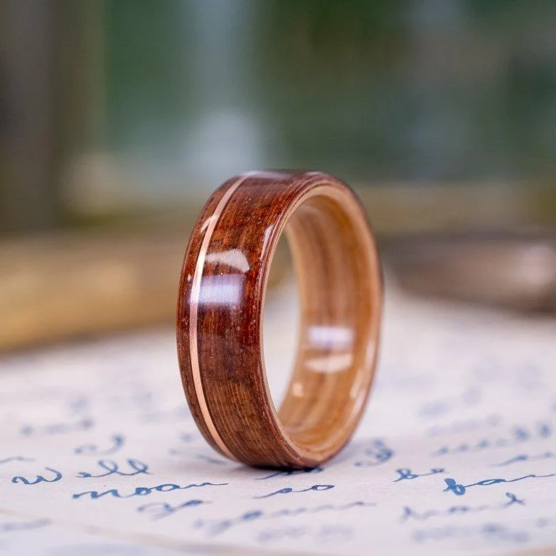 (In-Stock) Iroko Teak Wooden Ring with Natural Whiskey Barrel Liner & Offset Copper - Size 10.75/8mm Wide