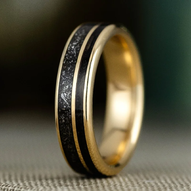 (In-Stock) The Dark Star | Men's 10k Yellow Gold Ring with Whiskey Barrel Wood & Black Meteorite - Size 8 | 6mm Wide