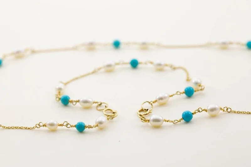 fashion necklaces for women -Simon Alexander 9ct Gold Turquoise and Pearl Necklace with Bracelet