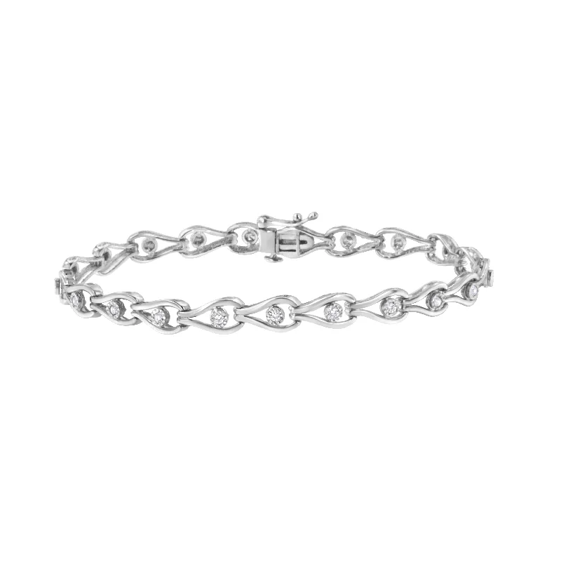 .925 Sterling Silver 1/10 Cttw Miracle-Set Diamond Pear Shape and Bezel Link Bracelet