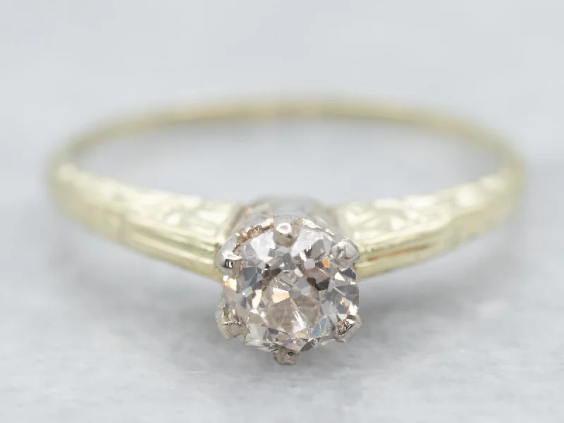 platinum diamond engagement rings - 96Green Gold Old Mine Cut Diamond Solitaire Engagement Ring with Etched Shoulders