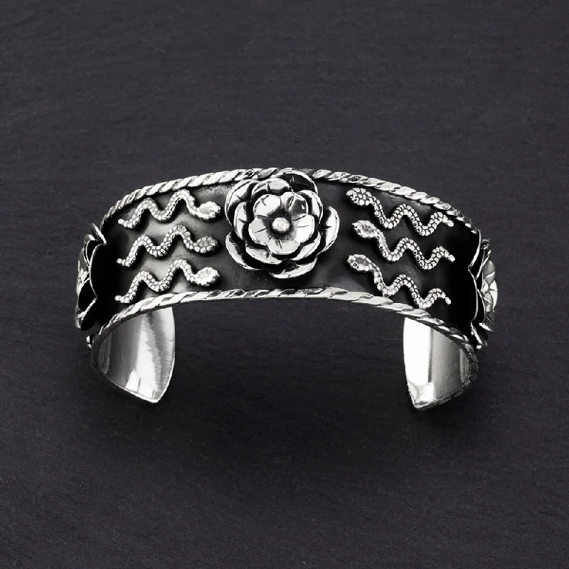 Sterling Silver Snakes and Flowers Cuff Bracelet