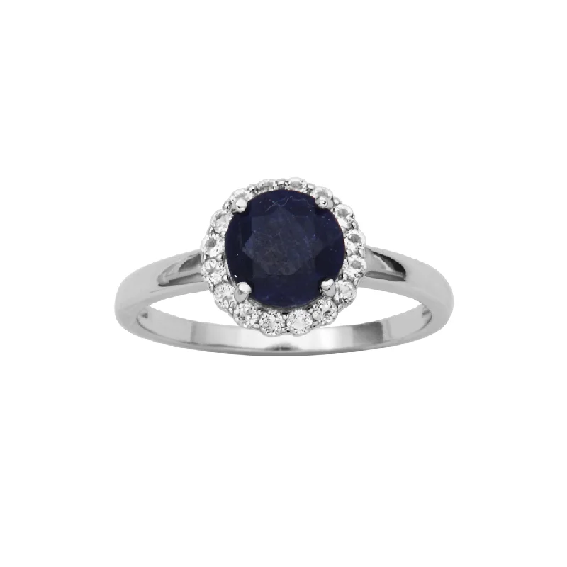 Sterling Silver Dyed Blue Sapphire & White Topaz Halo Ring by Samuel B.