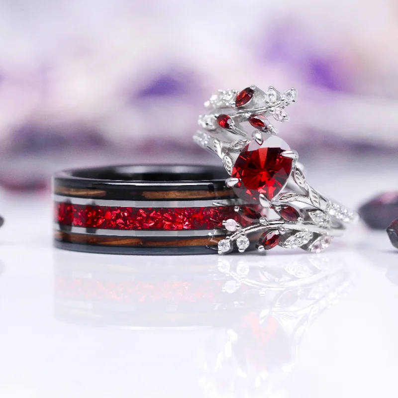 Star Cut Garnet & Redwood Couples Ring Set