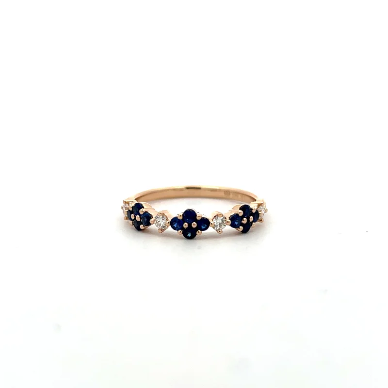 14K Yellow Gold 0.51ctw Blue Sapphire & Diamond Alternating Flower Band