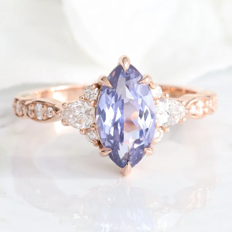 3 Ct Marquise Lavender Purple Sapphire Ring in 14k Rose Gold 3 Stone Diamond Size 7