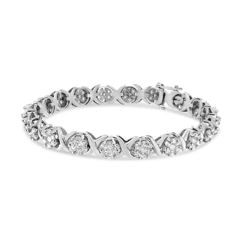 14K White Gold 6-1/3 Cttw Round Brilliant-Cut Diamond Round Cluster & X-Link 7" Tennis Bracelet