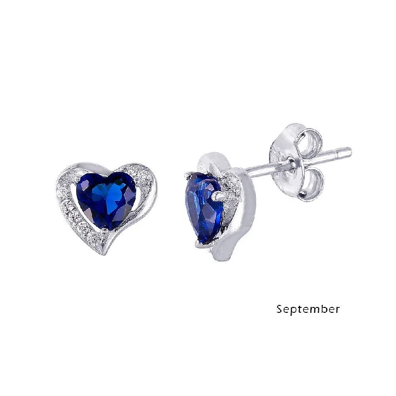 Rhodium Plated 925 Sterling Silver Heart with Birthstone Center Stud Earrings September - STE01028-SEP