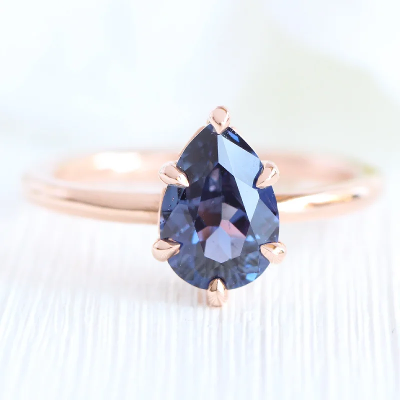 1.68 Ct Purplish Blue Sapphire Ring in 14k Rose Gold Pear Solitaire Ring, Size 6