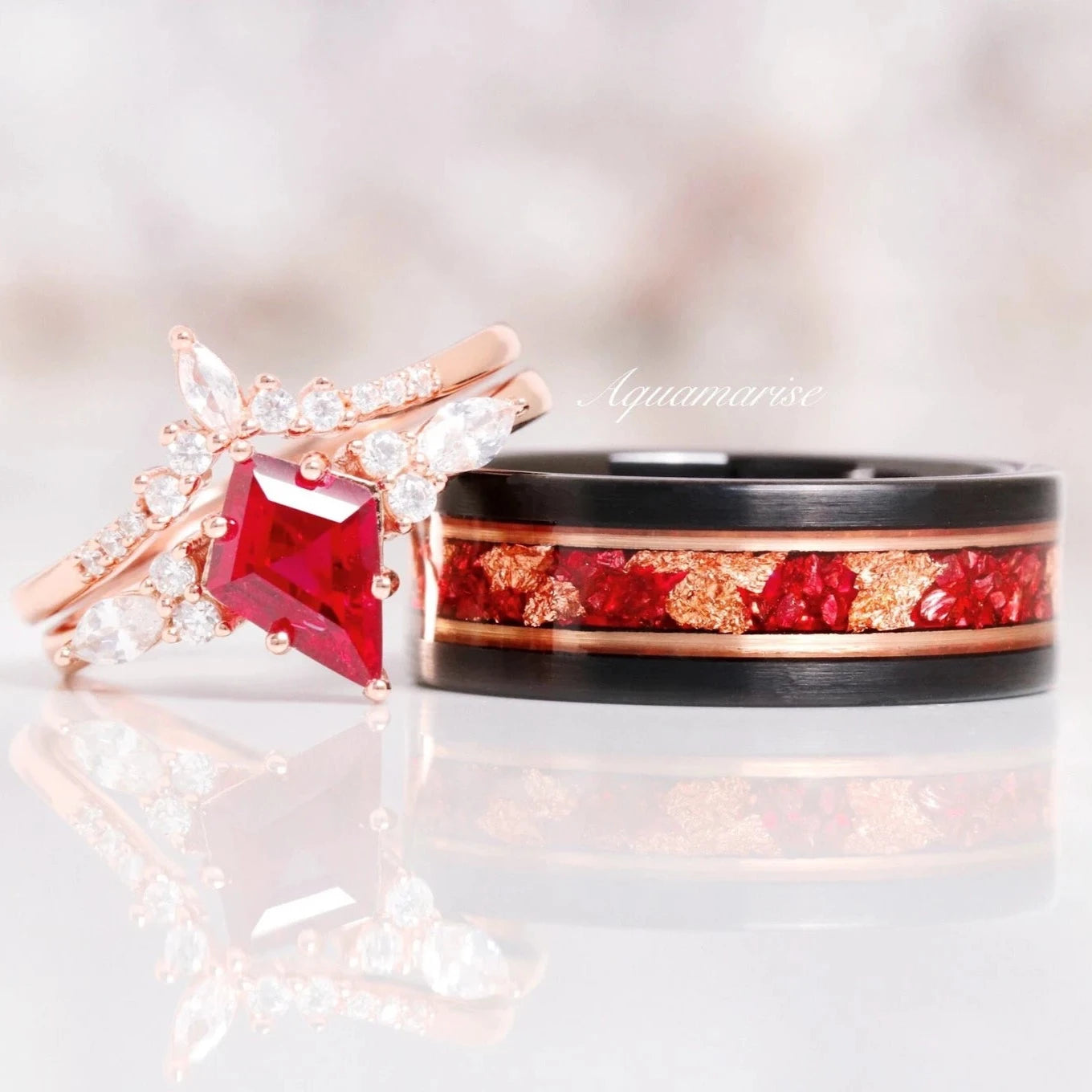 Skye Kite™  Ruby & Rose Gold Leaf Couples Ring