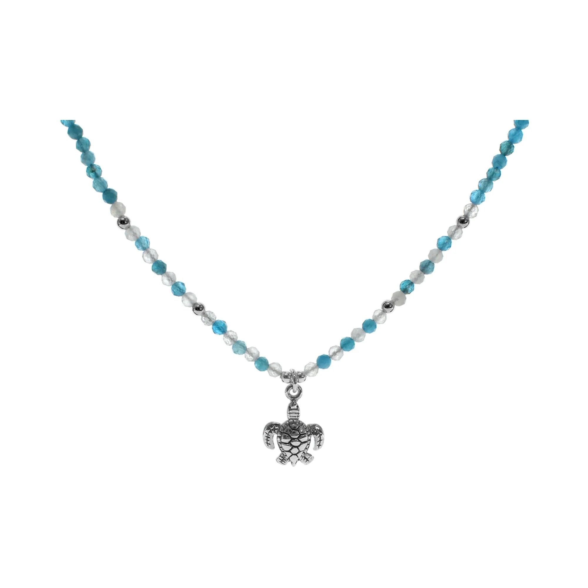 gemstone pendant necklaces for women -Sterling Silver Apatite and Rainbow Moonstone Turtle Necklace