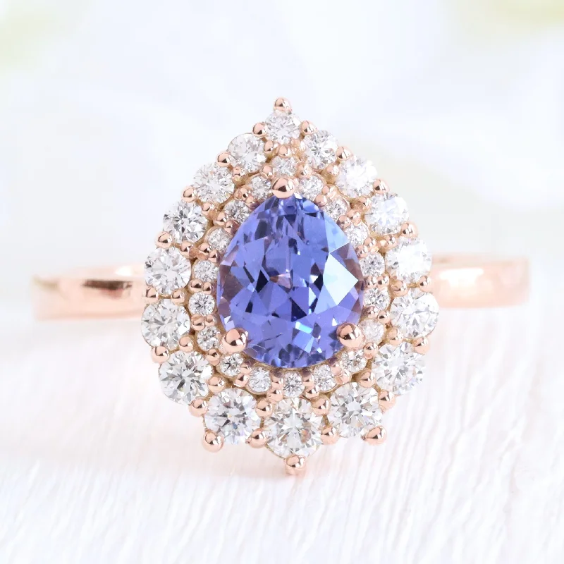 Pear Lavender Purple Sapphire Ring in 14k Rose Gold Double Halo Diamond, Size 6.5