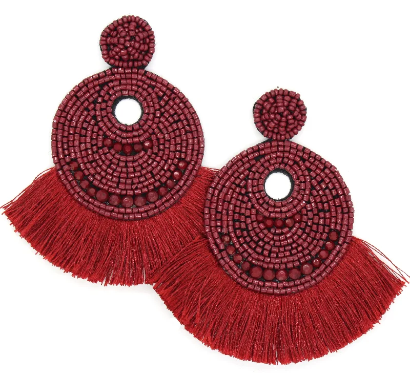 Josie Beaded Tassel Earrings- Burgundy