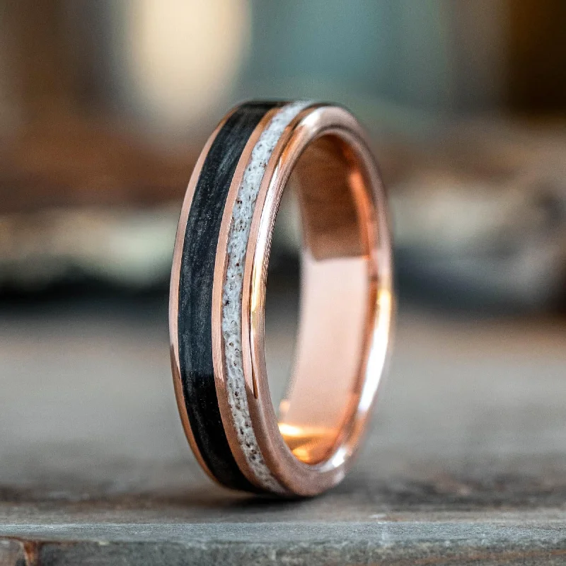 (In-Stock) The Gent's Weekend | Men's 10k Rose Gold Whiskey Barrel Wood & Elk Antler Wedding Band - Size 10.5 | 6mm Wide