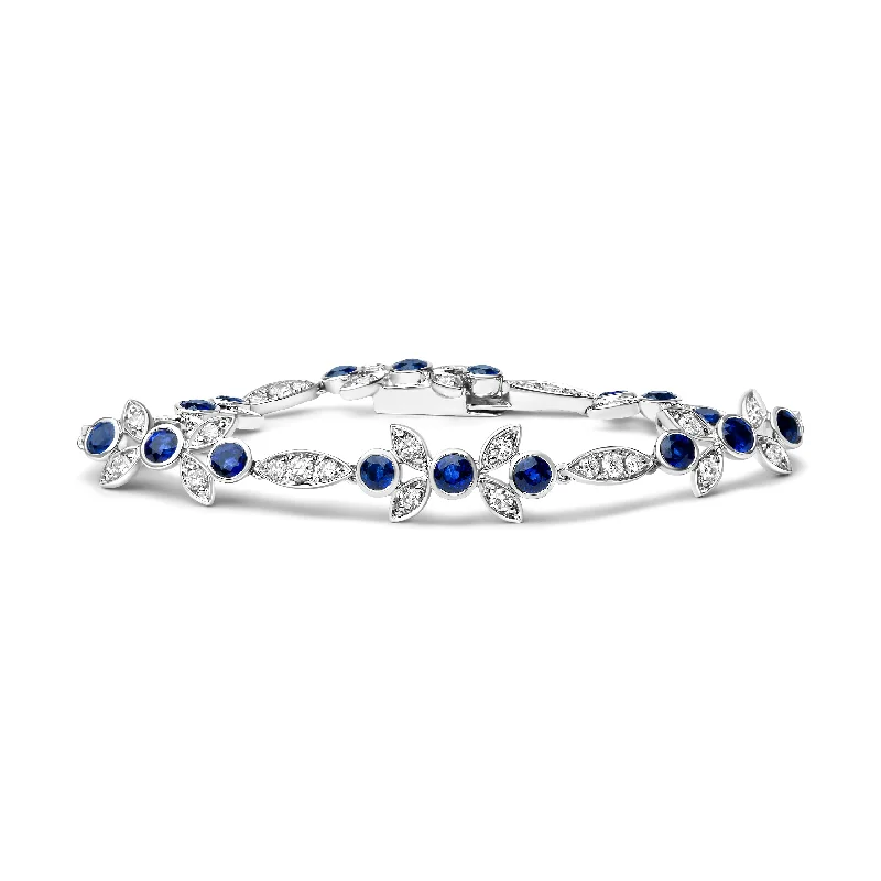 18K White Gold 1 3/4 Cttw Diamond and 3x3mm Round Blue Sapphire Gemstone Floral Link Bracelet