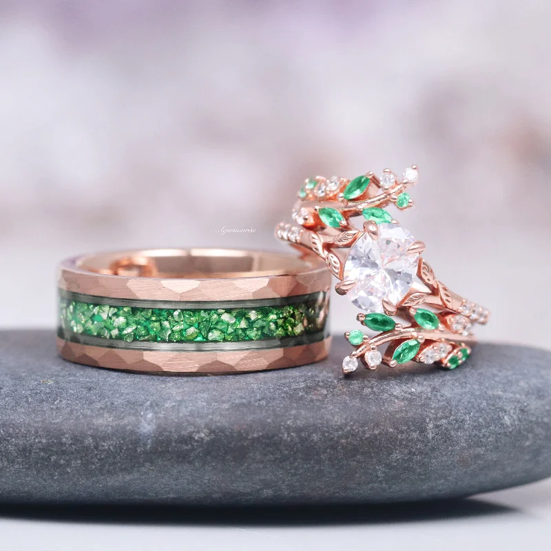 Diamond (cz) & Emerald Leaf Couples Ring