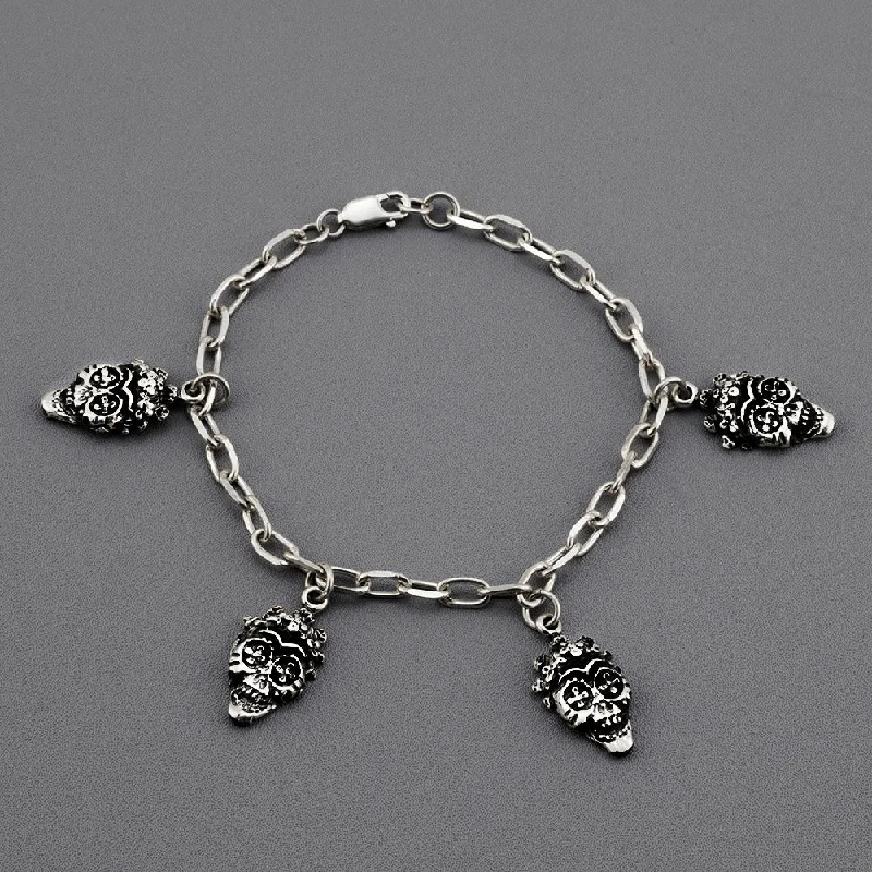 Sterling Silver Sugar Skull Charm Bracelet