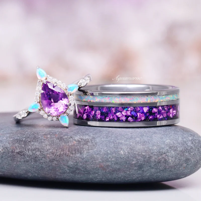 Amethyst & Galaxy Fire Opal Couples Ring