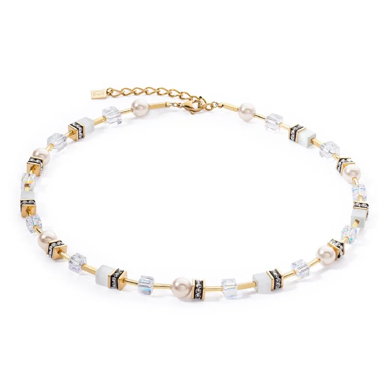 luxury gold necklaces for women -Coeur De Lion GeoCUBE® Iconic Pearl Mix Gold-White Necklace