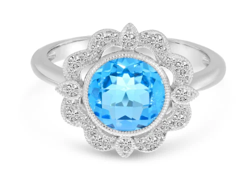 14K White Gold Round Blue Topaz & Diamond Halo Vintage Inspired Ring by Brevani