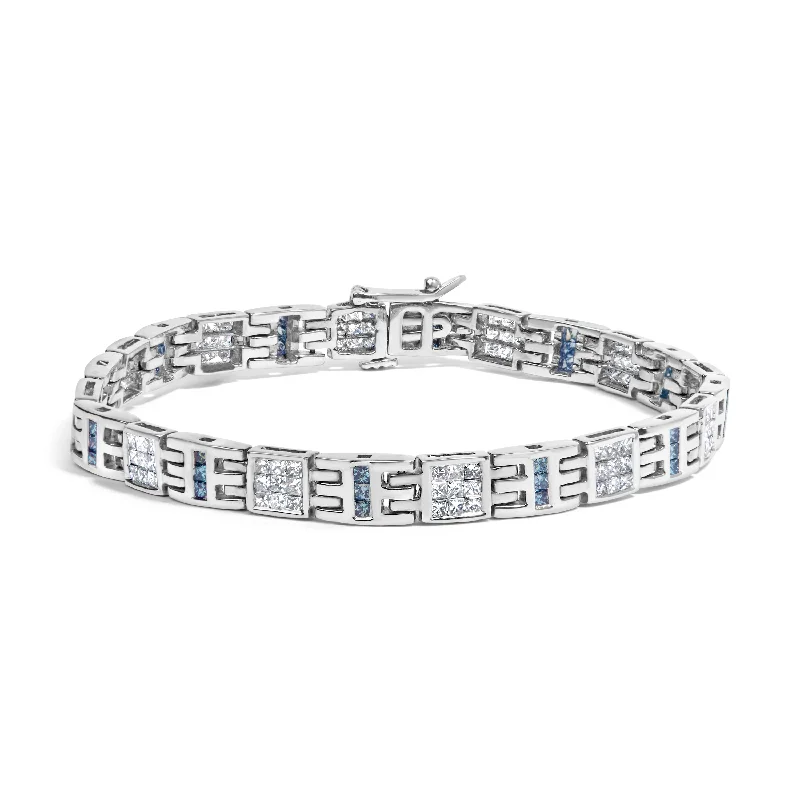 14K White Gold Princess-Cut white and Blue Diamond 3.00 cttw Fashion Link Bracelet