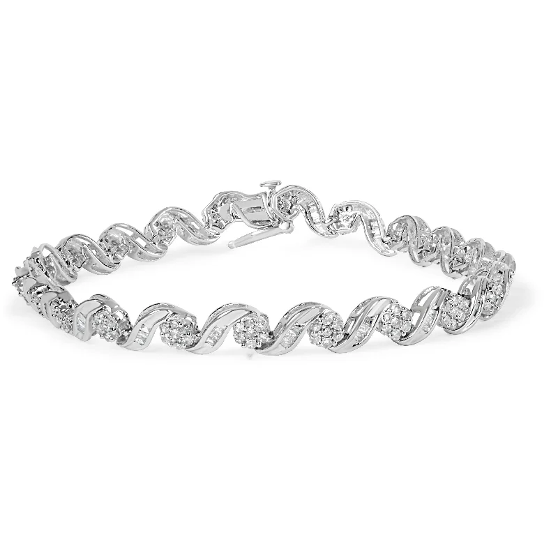 10K White Gold 2.00 Cttw Round-Cut and Baguette-Cut Diamond Floral Design Swirl Link 7" Bracelet