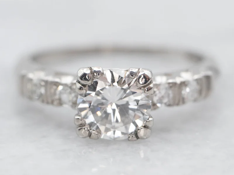 round cut engagement rings for women -Platinum Diamond Engagement Ring with Diamond Accents