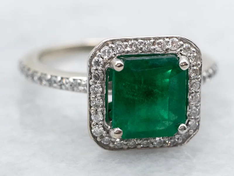 round cut engagement rings for women -Modern Emerald and Diamond Halo Engagement Ring