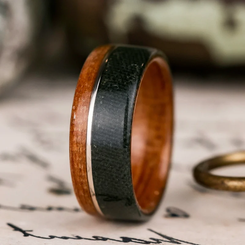 (In-Stock) Custom Louisiana Bogwood Ring with Air Force Flight Suit & 14k White Gold Inlay  - Size 10.75 | 9mm Wide