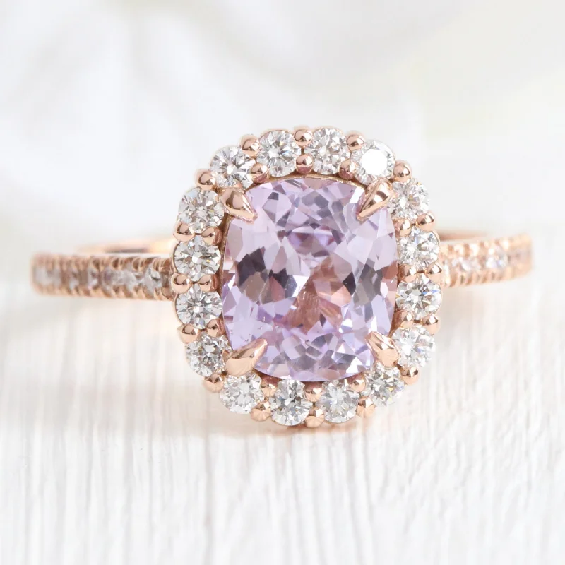 2.53 Ct Cushion Lavender Sapphire Ring in 14k Rose Gold Halo Pave Diamond, Size 6.5