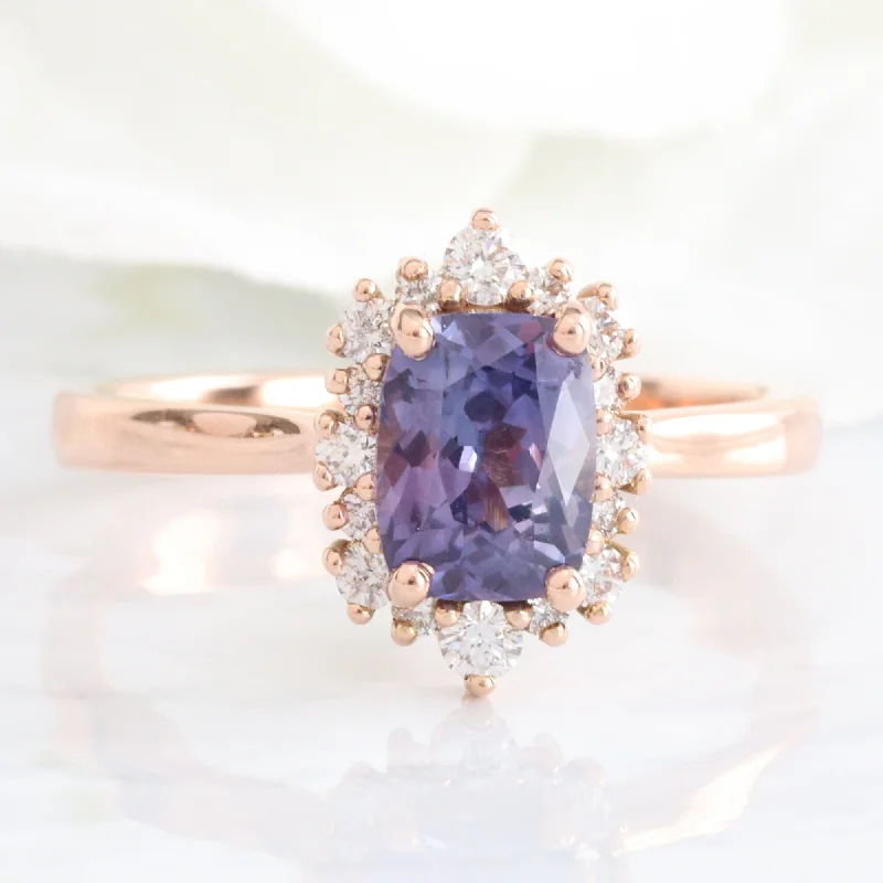 1.64 Ct. Cushion Purple Sapphire Ring in 14k Rose Gold Halo Diamond, Size 6.5