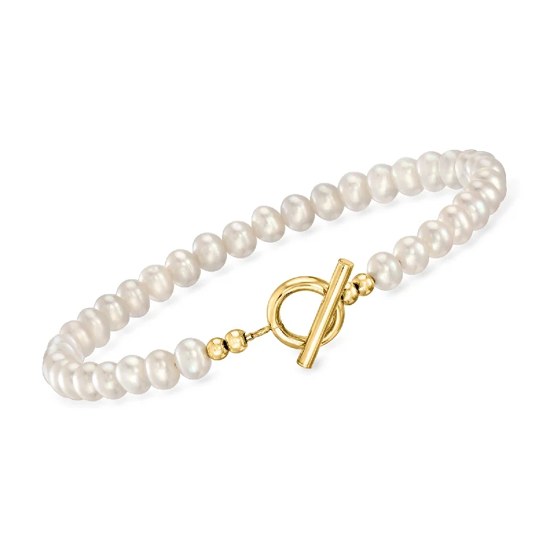 RS Pure by Ross-Simons 4-5mm Cultured Pearl Toggle Bracelet With 14kt Yellow Gold