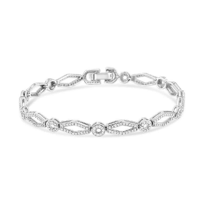 .925 Sterling Silver 1 1/2 Cttw Diamond Studded Alternating Circle and Kite-Shaped Vintage-Style Link Bracelet 7 Inch