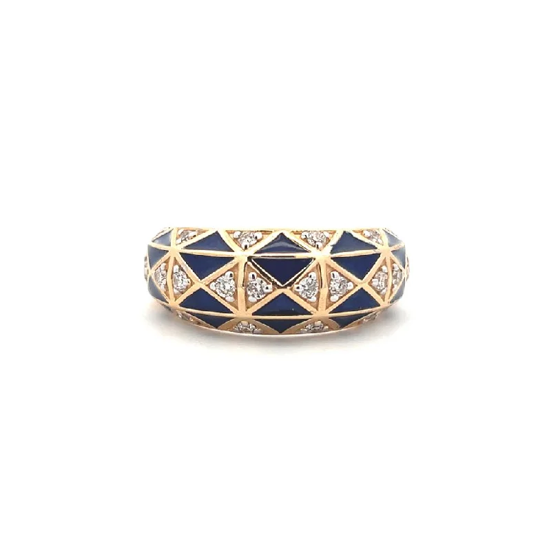 14K Yellow Gold 0.31ctw Diamond & Blue Enamel Checkered Ring